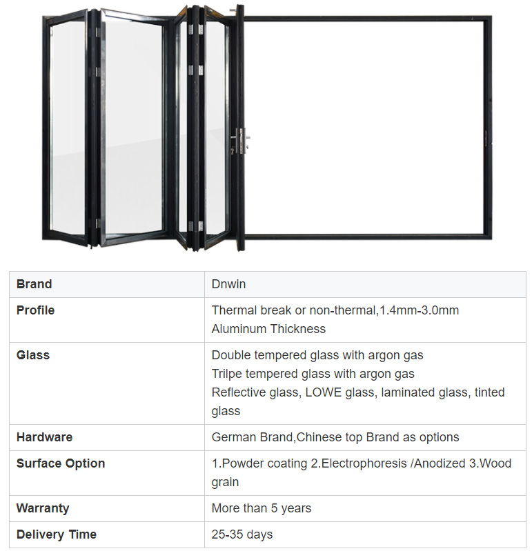 Custom American Style Veranda Aluminum Soundproof Low-e Glass Folding Doors