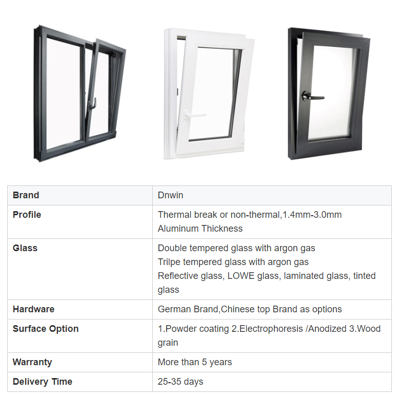 Custom Villa Living Room or Bedroom Aluminium Energy Efficient Low-e Glass Thermal Break Tilt and Turn Windows